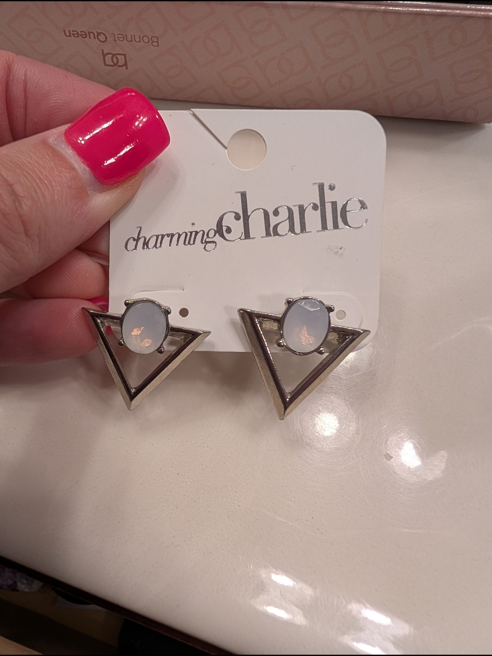 Charming Charlie Silver Triangular Stud Earrings with Opalescent Stone